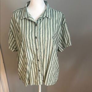 Eddie Bauer Green Striped Button-Up Blouse